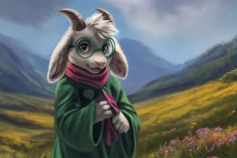 uploaded on e621, by Sabretoothed Ermine, by Supplesee, (fluffy), solo, kid, child, (goat), (((white fur))), (red scarf, green robe, green glasses), ((Ralsei)), cartoon, anthro, white hair, (soft shading), 4k, hi res, five fingers, paws, detailed hands, ((detailed face)), (((face portrait))), sitting, (hanging goat ears), masterpiece, landscape, portrait, detailed background, realistic, masterpiece, highest quality