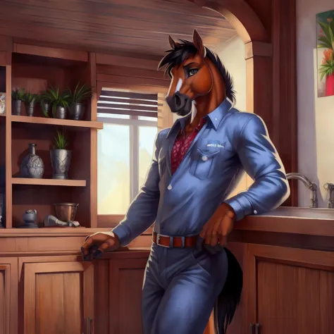 there is a cartoon horse standing in a kitchen with a counter