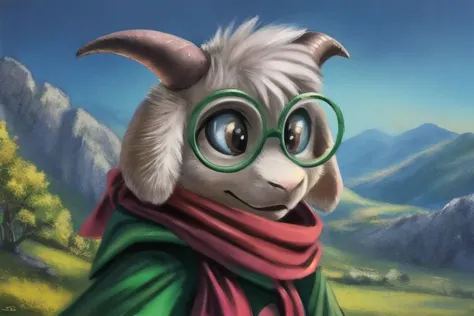 painting of a goat with glasses and a scarf in a mountain landscape