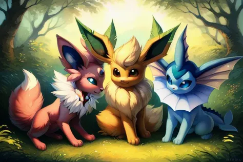 perfect detail, multiple characters, (eevee, espeon, flareon, glaceon, jolteon, leafeon, sylveon, umbreon, vaporeon), sitting, l...