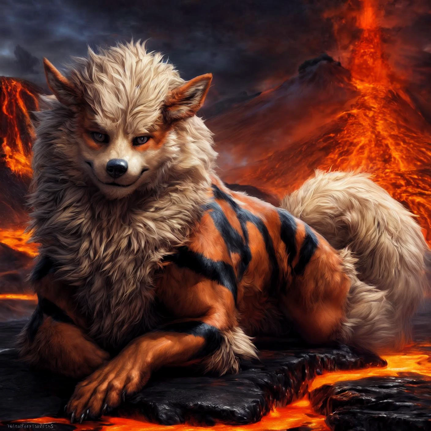 A close up of a furry animal laying on a rock near a fire - SeaArt AI