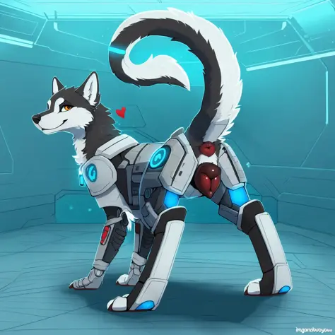 solo, ((feral)), wolf, ((sci-fi armor, cyborg)), paws, full body shot, looking at viewer, raised tail, sci-fi background, detail...