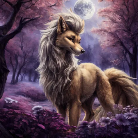 ((solo)) (feral, ninetales), female, looking at viewer, cherry blossom, night, fog, flower, multi tail, full moon,, best quality...
