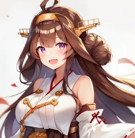 1girl, solo, long hair, kongou (kancolle), brown hair, double bun, purple eyes, hair bun, ahoge, open mouth, nontraditional miko, detached sleeves, brown eyes, white background, headgear, hairband, smile, ribbon-trimmed sleeves, simple background, japanese clothes, ribbon trim, looking at viewer,  username, upper body, wide sleeves, :d, kongo