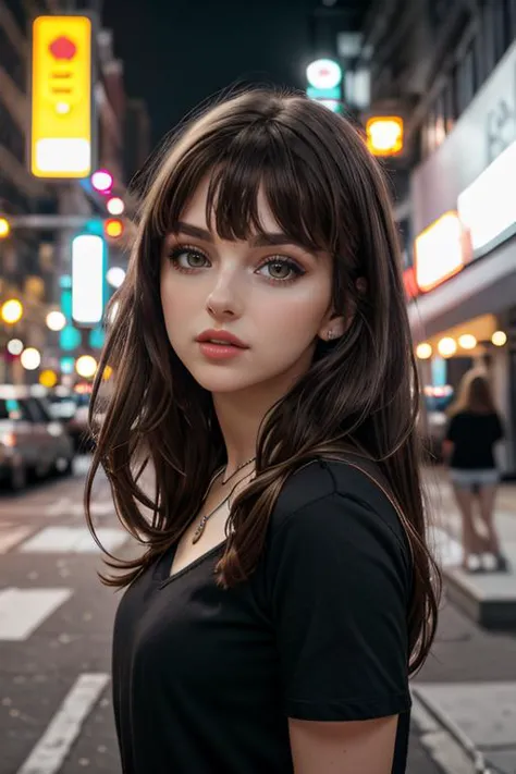 a woman with long hair standing on a city street at night