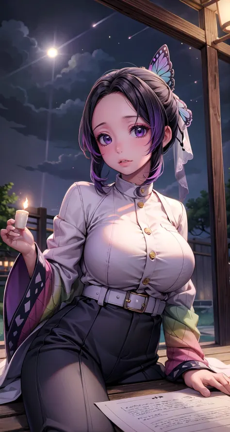 (masterpiece),(intricate details),1girl,mature female,shiny_skin,huge breasts
BREAK 
<lora:kochou_shinobu_v1.2:0.7>,kochou shinobu, butterfly hair ornament, purple eyes, multicolored hair, short hair, parted bangs, forehead, haori, wide sleeves, long sleeves, black pants, black jacket, belt,Folded Socks,converse,depth of field,looking at viewer,((reclining on the Wedding venue: Bride, groom, ceremony, reception, celebration)),((upper body)),
BREAK
moon,night,meteor,hanabi,((cumulonimbus)),from below:1.3,<lora:more_details:0.3>