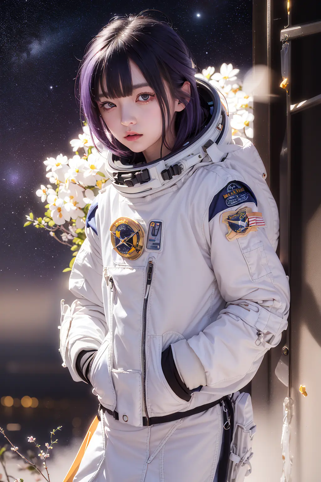master piece,best quality,
1girl, solo focus, depth of field, volume light, fog, backlight, film grain, ((Space suit)), disgust face, bandage over one eye, drop shadow, Standing, hands in pockets, colorful startrails background, tsurime, hime cut, purple hair, star eyes,