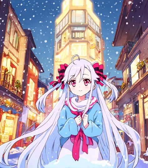 a close up of a person standing in a snowy city