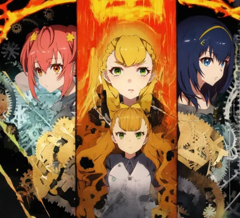 anime characters in a group with a fire background