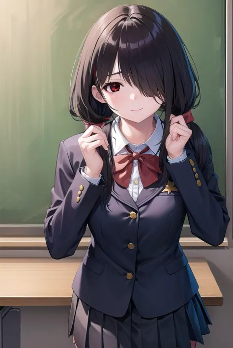 kurumitokisaki, <lyco:kurumitokisaki-lyco-nochekaiser:1>, 
tokisaki kurumi, clock eyes, black hair, low twintails, (hair over one eye:1.5), (red eyes:1.5), (small breast:1.3), <lora:sensualface_type2:0.8>, smile,
BREAK school uniform, jacket, pantyhose, pleated skirt, black pantyhose,
BREAK indoors, classroom,
BREAK looking at viewer, (cowboy shot:1.5),
BREAK <lyco:GoodHands-beta2:1>, (masterpiece:1.2), best quality, high resolution, unity 8k wallpaper, (illustration:0.8), (beautiful detailed eyes:1.6), extremely detailed face, perfect lighting, extremely detailed CG, (perfect hands, perfect anatomy),