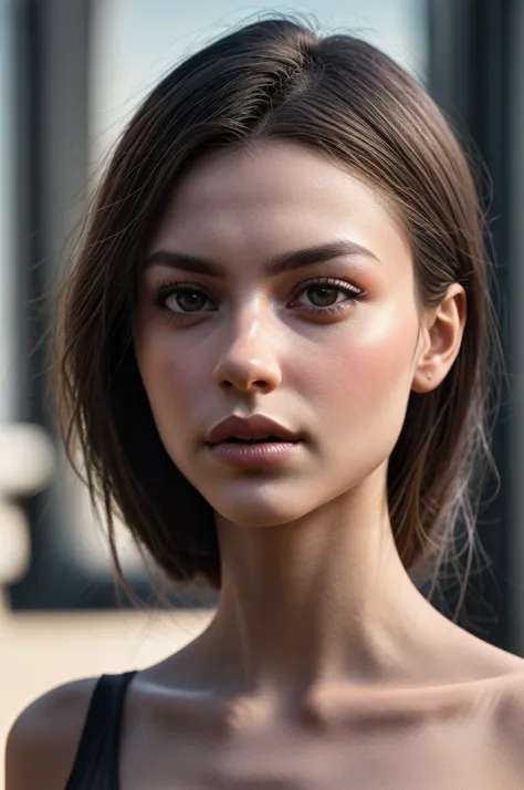 a close up of a woman with a black top and a black top