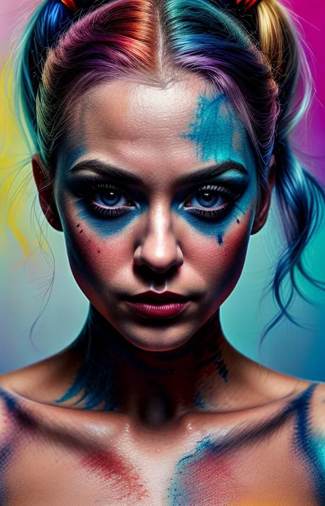 extreme closeup of a woman with colorful paint on his face, a digital painting, inspired by René Auberjonois, behance contest wi...