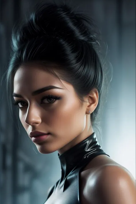 (frontal shot from low angle, close up on face:1.4) of (DEN_alexa_belluci) at Background Gotham City, (with extremely detailed skin and round eyes with extremely detailed pupils and irises and parted lips), big eyes, dynamic pose, sh4d0w , Artgerm's representation of Catwoman within Gotham's confines: detailed, authentic, hyper-detailed, 8K resolution, particle brilliance, feline maiden, mortality glint, provocative outfit, towering heels, slim waist, ample curves, radiant skin, luminous aura, emerald-eyed allure, cinematic radiance, ultra-definition, OctaneRender, Unreal Engine, towering cityscape of Gotham, combative demeanor, and noir-themed clothing. <lora:speedy1p5:0.8>