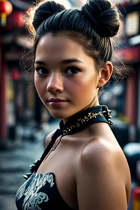 arafed asian woman with a black top and a black choker