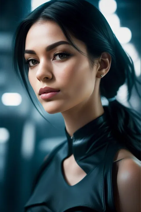 (frontal shot from low angle, close up on face:1.4) of (DEN_alexa_belluci) at Background Gotham City, (with extremely detailed skin and round eyes with extremely detailed pupils and irises and parted lips), big eyes, dynamic pose, sh4d0w , Artgerm's representation of Catwoman within Gotham's confines: detailed, authentic, hyper-detailed, 8K resolution, particle brilliance, feline maiden, mortality glint, provocative outfit, towering heels, slim waist, ample curves, radiant skin, luminous aura, emerald-eyed allure, cinematic radiance, ultra-definition, OctaneRender, Unreal Engine, towering cityscape of Gotham, combative demeanor, and noir-themed clothing. <lora:speedy1p5:0.8>