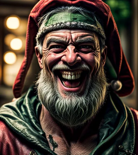 a close up of a man with a beard and a santa hat