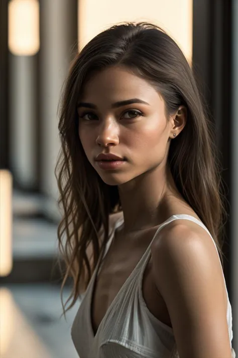 a close up of a woman in a white dress posing for a picture