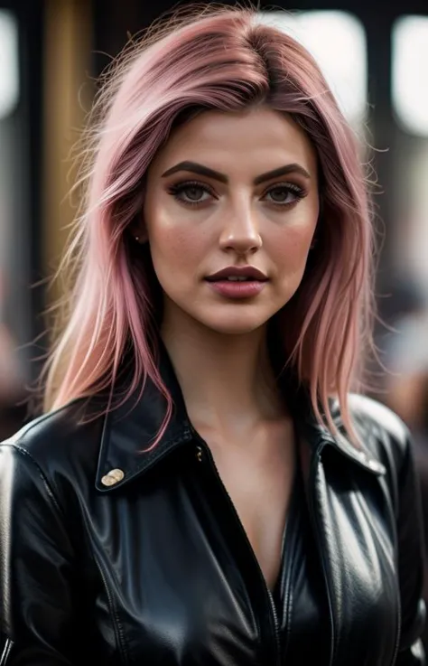 a woman with pink hair and a black leather jacket