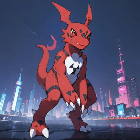 masterpiece, best quality, 1Guilmon, digimon, in the 2077 city, cyberpunk style, full,