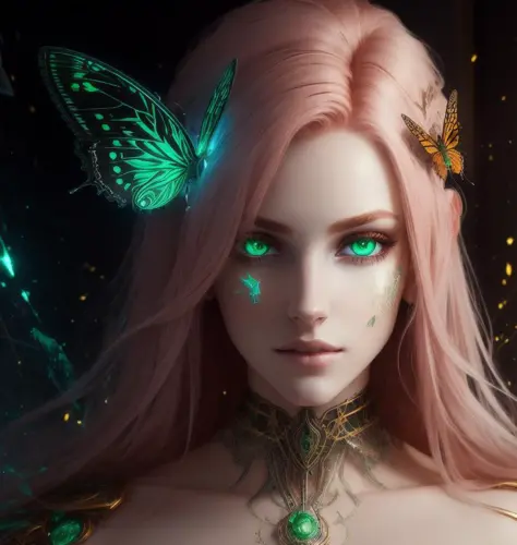 8k portrait of beautiful cyborg with white red gradient hair, intricate, elegant, highly detailed, majestic, golden,  surreal painting green lights butterfly filigree, broken glass, (masterpiece, sidelighting, finely detailed beautiful eyes: 1.2), hdr,