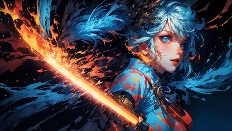 a woman with blue hair holding a sword in front of a fire