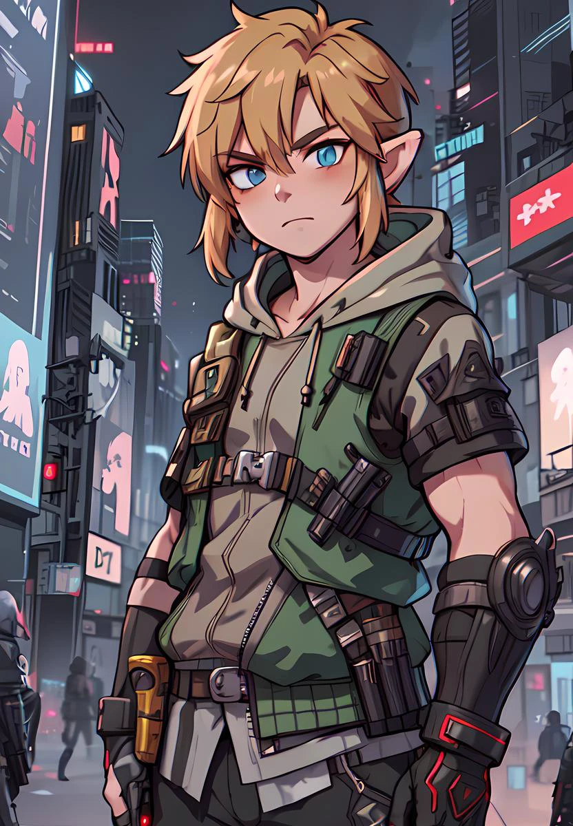 Link from The Legend of Zelda standing in a futuristic city, cyber punk style, tactical hoodie, bullet proof vest, 
1boy, male, solo, male focus, PunkAI,
 High Definition, Good artist, Best quality, Better Quality, ((Master Quality))