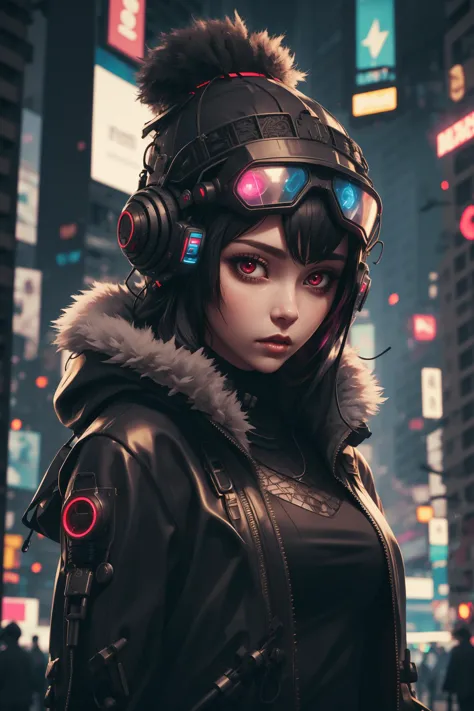 a woman in a black jacket and headphones standing in a city