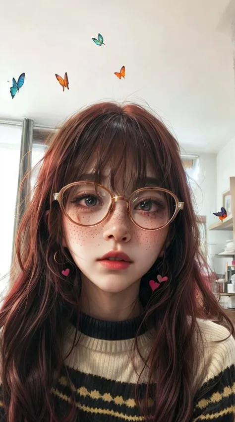 a girl with reg glasses and long red hair,
butterflies, freckles,  hearts, sweater, indoors, 
<lora:CyberpunkStyleV1:0.6> PunkAI,
<lora:more_details:0.8>