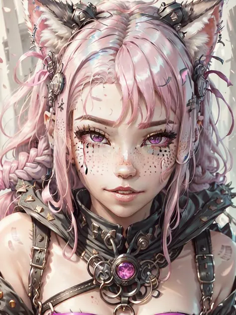 <lora:DI_belle_delphine_v1:1> pink hair,
long hair, cat ears, closeup face, freckles, pink eyes, 
 <lora:CyberpunkStyleV1:1> Pun...