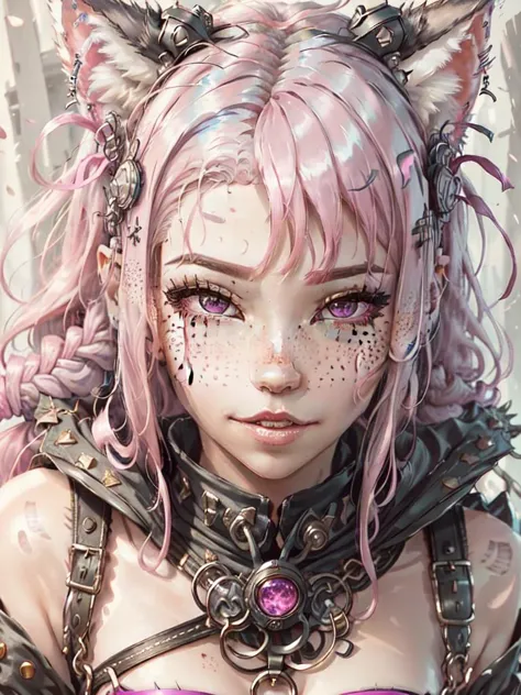 <lora:DI_belle_delphine_v1:1> pink hair,
long hair, cat ears, closeup face, freckles, pink eyes, 
 <lora:CyberpunkStyleV1:1> PunkAI,