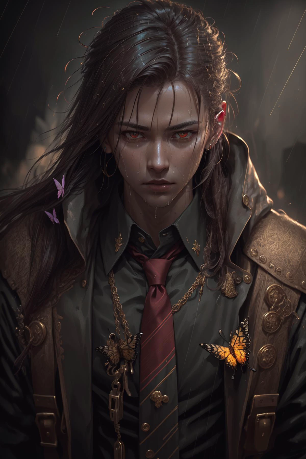 (((rain))), red eyes, long hair, shirt, tie, straps, ((butterfly)), solo, 1boy, brown hair, closeup, (shiny, shiny hair, intricate details, detailed), masterpiece, (extreme details, realistic, 4k, 8k, absurdres, high res, cinematic, lighting, high quality:1.2), gold, flower on hair, glow, 
PunkAI