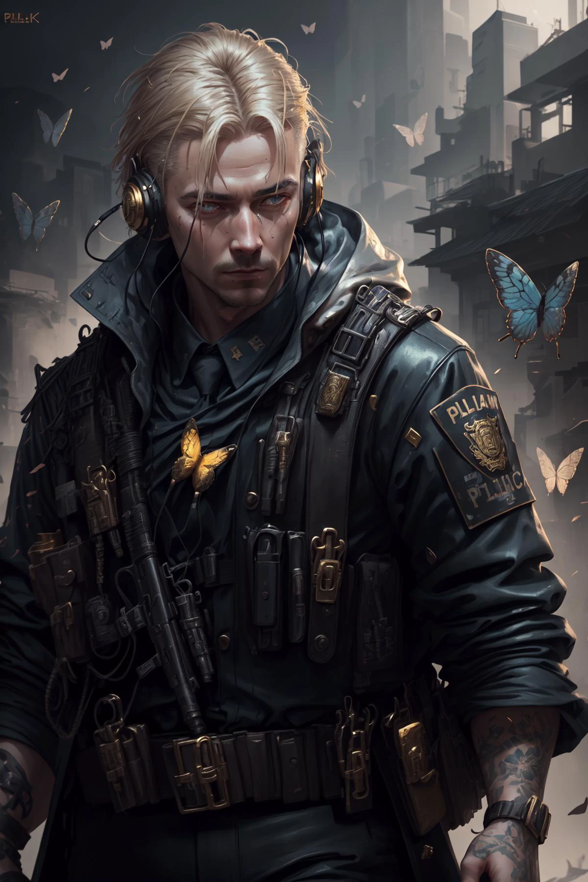 ((policeman)), red eyes, headphones, shirt, tie, straps, long coat, ((butterfly)), solo, 1boy, gold hair, closeup, (shiny, shiny hair, intricate details, detailed), masterpiece, (extreme details, realistic, 4k, 8k, absurdres, high res, cinematic, lighting, high quality:1.2), gold, flower on hair, glow, 
PunkAI