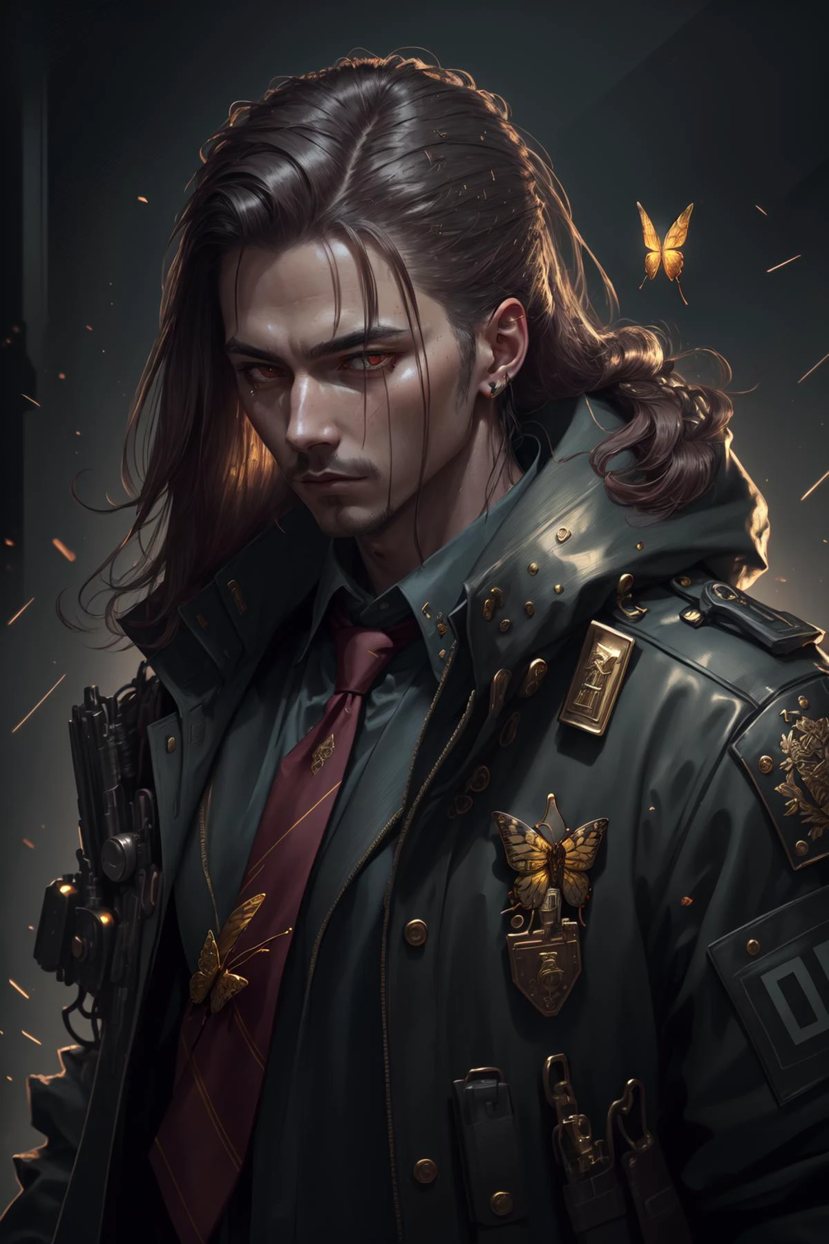 ((policeman)), red eyes, long hair, shirt, tie, straps, long coat, ((butterfly)), solo, 1boy, brown hair, closeup, (shiny, shiny hair, intricate details, detailed), masterpiece, (extreme details, realistic, 4k, 8k, absurdres, high res, cinematic, lighting, high quality:1.2), gold, flower on hair, glow, 
PunkAI