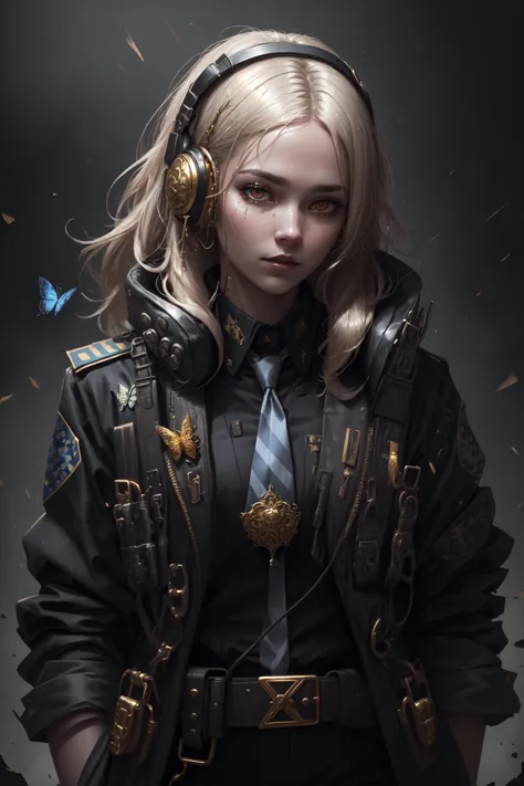 ((policewoman)), red eyes, headphones, shirt, tie, straps, long coat, ((butterfly)), solo, 1girl, gold hair, closeup, (shiny, sh...