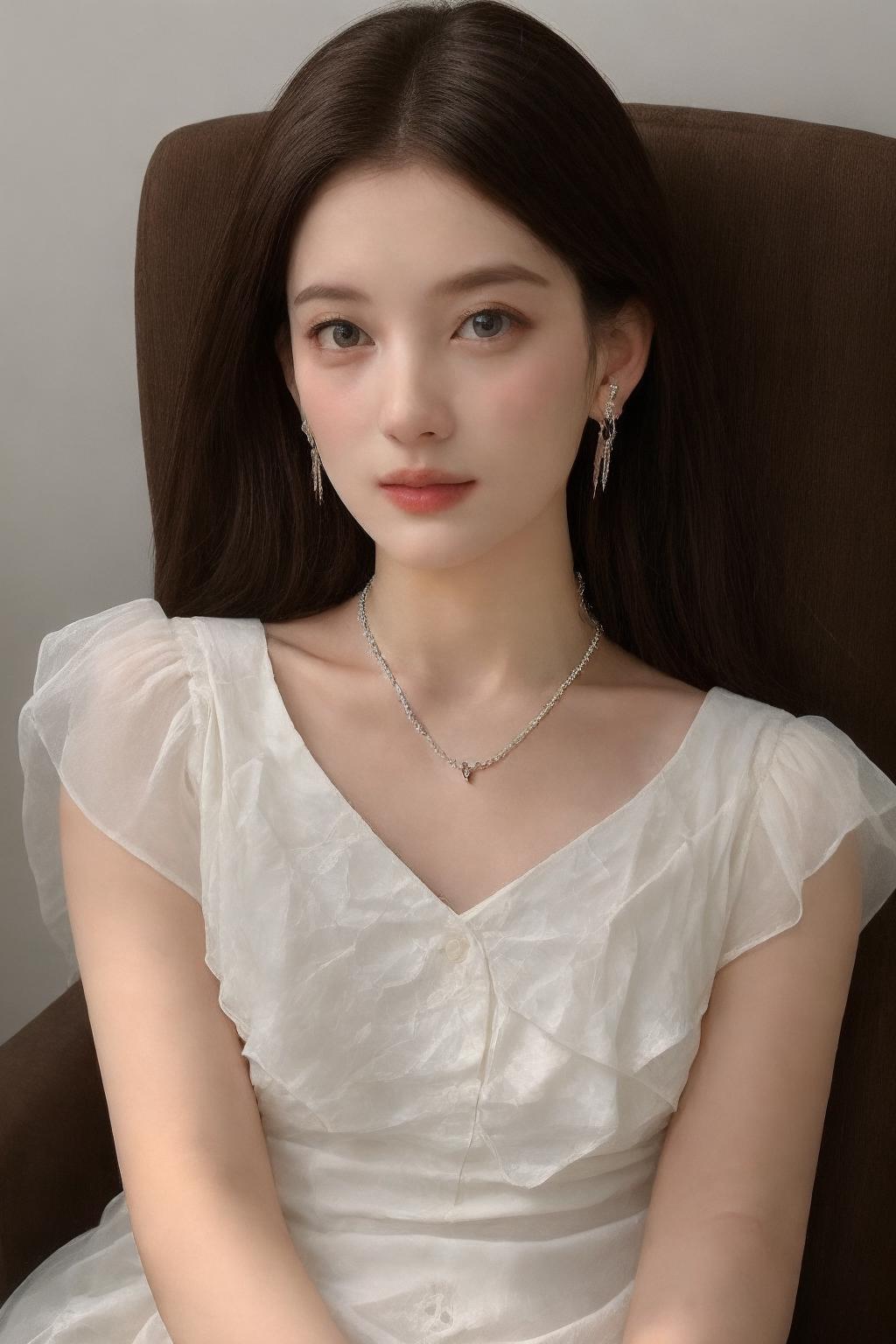 A woman with long hair wearing a white dress and a necklace - SeaArt AI