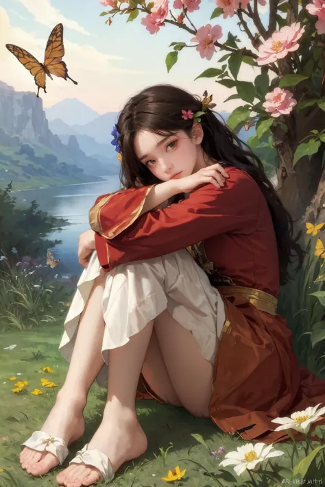 (masterpiece, official art, beautiful and aesthetic),(best quality:1.2),light on face,cinematic lighting,1girl,solo,Depth of field,classical,elegent,<lora:bgv2:0.7>,lazy,silk,flower,wooden fence,butterfly,cowboy shot,riverside,sitting on grass,hugging_own_legs,<lora:hugging_own_legs_v0.3:1>,hugging own legs,