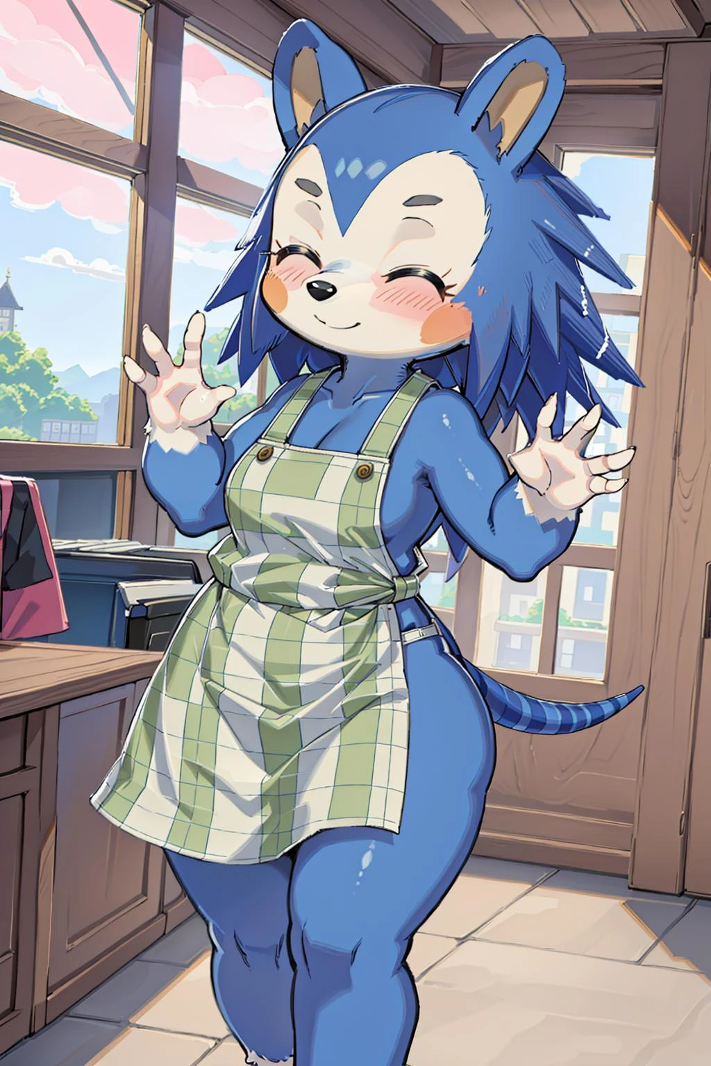 (masterpiece, best quality, highres, ultra detailed:1.2), (solo, 1girl, furry female, cowboy shot), mabel_(ac), blue fur, blush stickers, eyebrows, striped tail, closed eyes, plaid apron, snout, hedgehog girl, chubby, smile, barefoot, (dynamic pose, waving, interior, clothes store, clothes, fabric, detailed background:1.1)