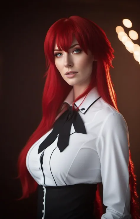 a close up of a woman with red hair wearing a white shirt