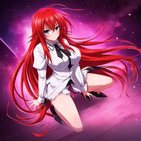 anime girl with long red hair and black tie in space