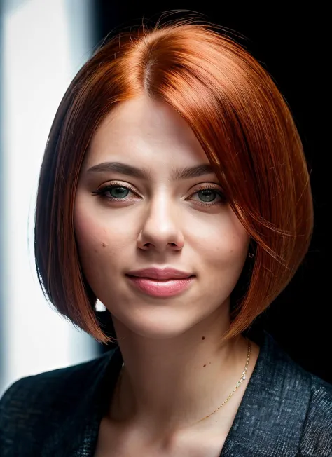 a close up of a woman with a red hair and a necklace