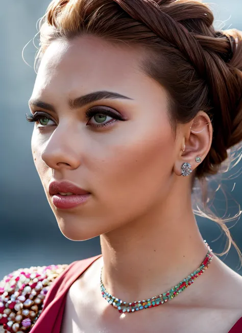 a woman with a red dress and a necklace on her neck