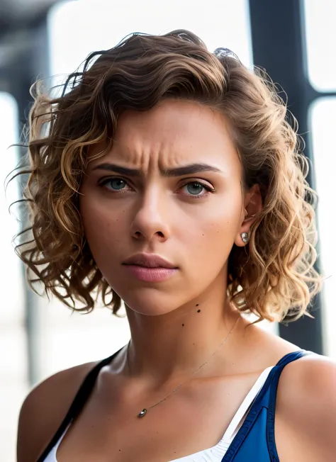 portrait of skswoman, worried , wearing swimwear , with brown Curly hair , background airport epic (photo, studio lighting, hard light, sony a7, 50 mm, matte skin, pores, colors, hyperdetailed, hyperrealistic), <lyco:Scarlett Johansson:1.1>