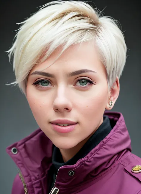 a close up of a woman with a short blond haircut