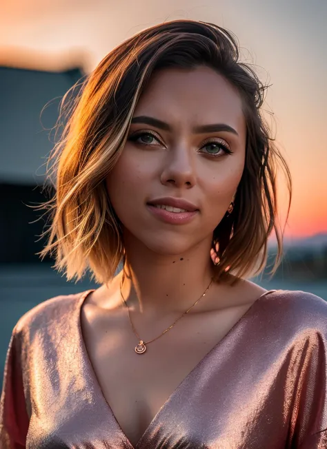 a woman with a pink dress and gold necklace standing in front of a sunset