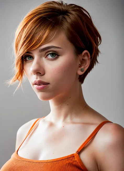 a close up of a woman with a short red hair