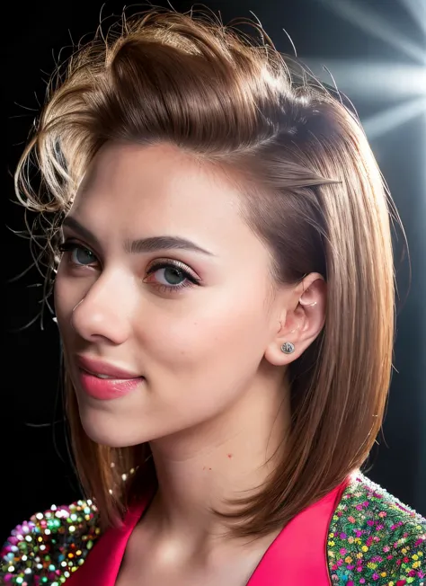 a close up of a woman with a bright pink jacket and a bright pink top