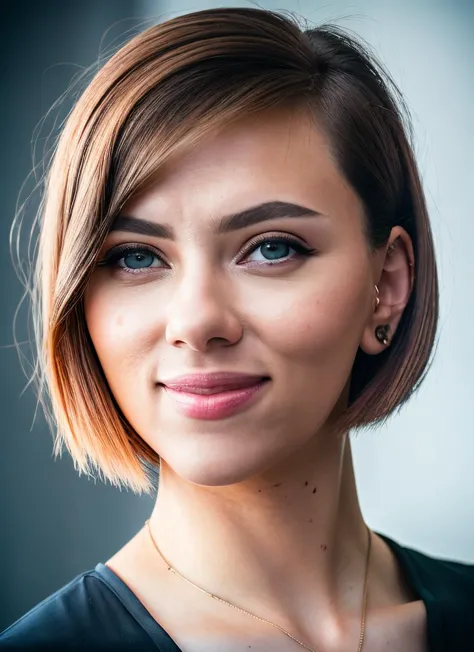 a woman with a short bob cut and a necklace on