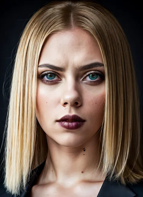 a close up of a woman with a black jacket and a purple lipstick