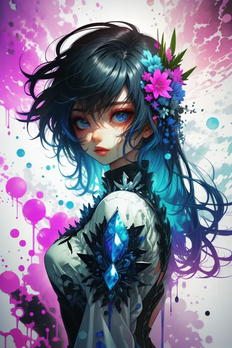 a girl with blue hair and flowers in her hair