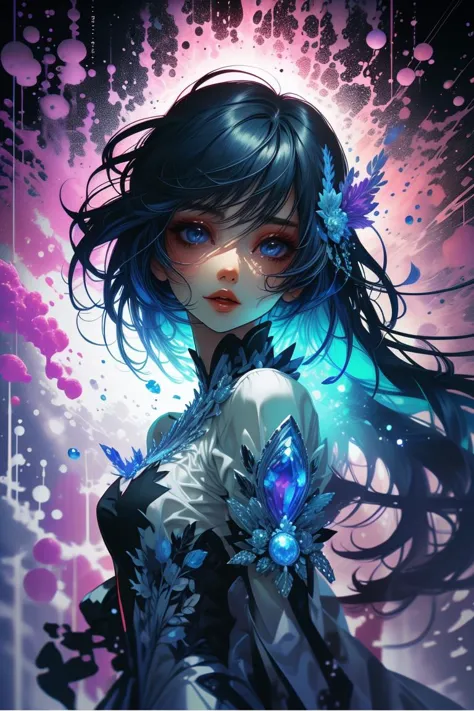 (Acclaimed Digital Artwork:1.3) of (Detailed illustration:1.3) ((Masterpiece, best quality,edgQuality)), edgCrystal, woman wearing a dress made of crystals,wearing edgCrystal,cowboy shot <lora:edgCrystalDress:0.9>,CGSociety,ArtStation,(Vivid Colors:1.3), <lora:LCM_LoRA_Weights_SD15:1>